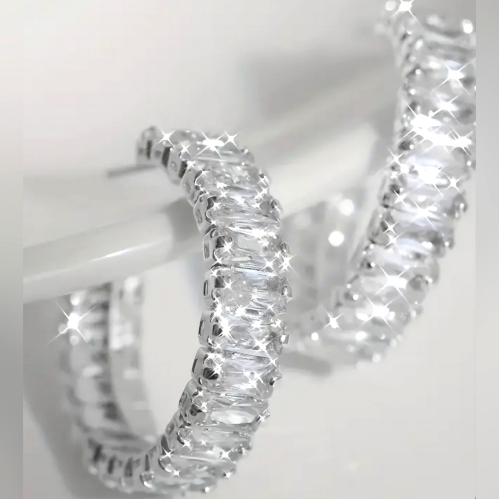 New Silver Plated CZ Hoop Earrings